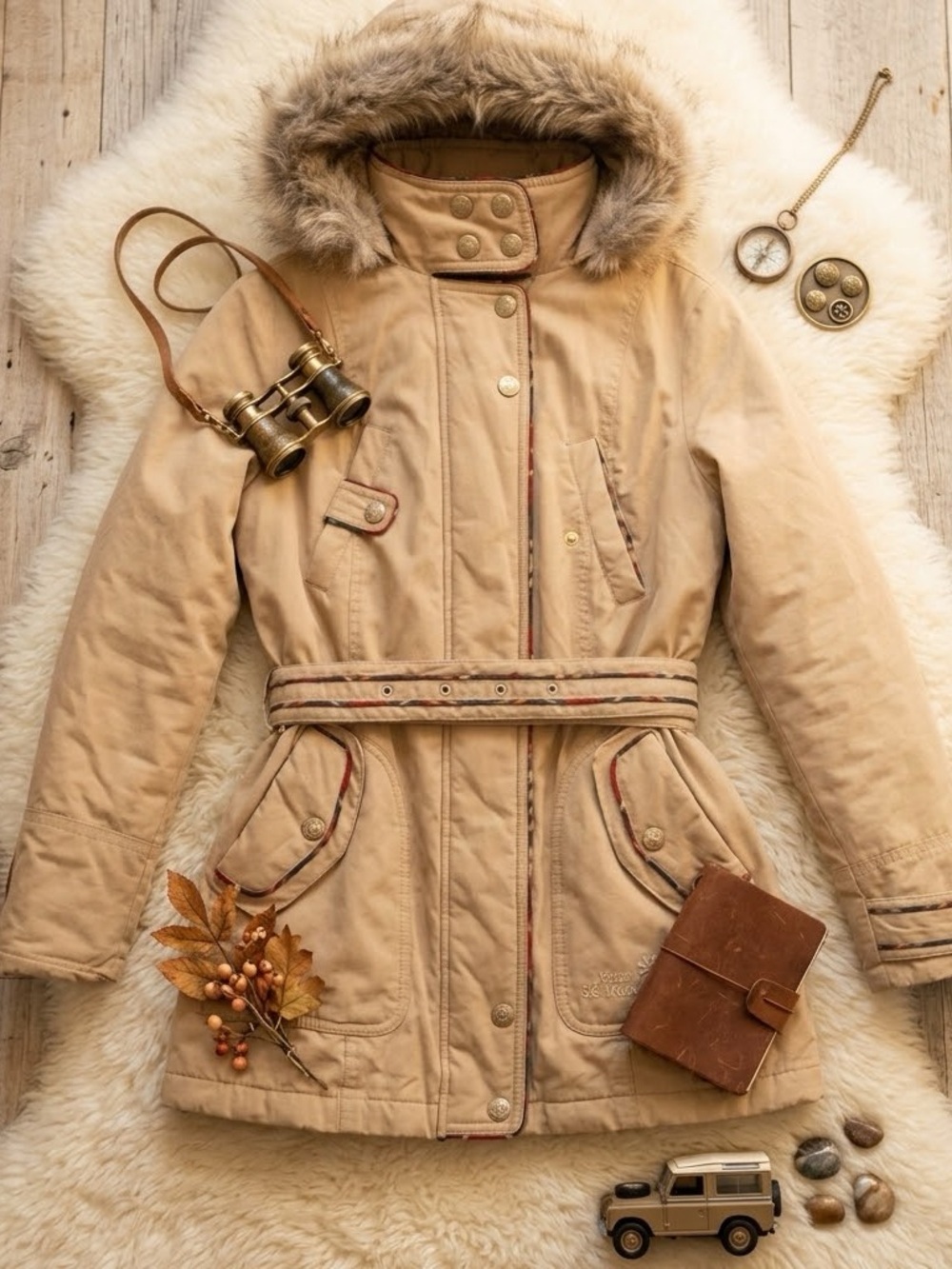 Women's Beige Parka Coat with Fur Hood